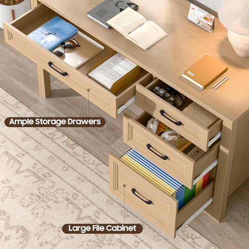 Vabches Farmhouse Executive Desk with Storage and Ample File Drawer, Rustic Large Home Writing Desk for Bedroom, Natural - Image 6