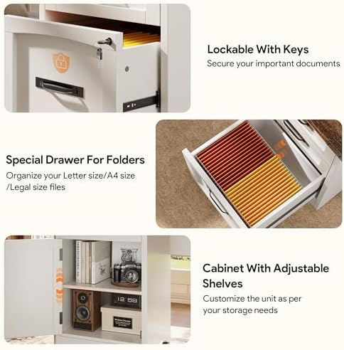 Decofy 67" Farmhouse L Shaped Standing Desk with Drawers Home Office Executive Desks with Fast Charging Station, Lockable File Cabinet, Wood Writing Computer Desk for Work, Study, White - Image 6