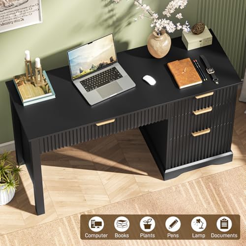 Vabches Fluted Executive Desk with Drawers, Wood Computer Desk with Ample File Drawer, Home Office Desk with Storage for Study, Bedroom, Living Room, Black - Image 5