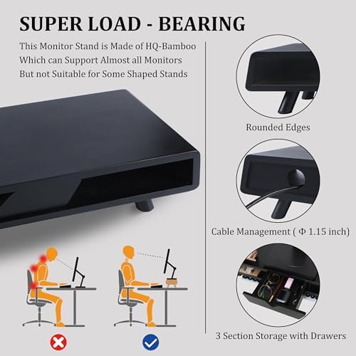 Homerays Monitor Stand with Drawer, Exquisite Computer Monitor Stand for Desk, Ergonomic Wood Monitor Stand Riser for Computer,Laptop,Printer,TV,Bamboo,Black - Image 4