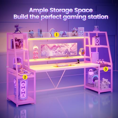 SEDETA 79'' Gaming Desk with LED Lights, Hutch and Storage Shelves, Pink - Image 3