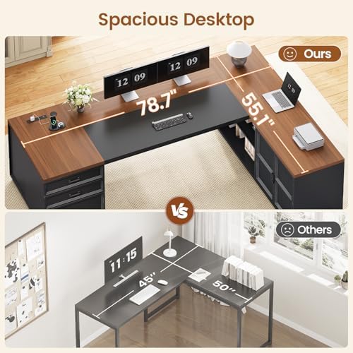 SEDETA 78.7" L Shaped Executive Desk with Charging Station, Large Home Office Computer Desk with File Drawers & Adjustable Storage Cabinet, CPU Stand, Modern L Desk for Business, Black + Brown - Image 3