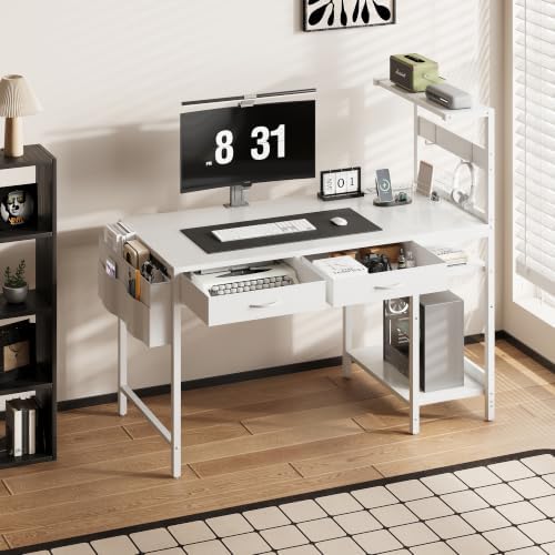 40 Inch Small Gaming Desk with Drawers & Led Lights & Storage Bag, White - Image 2
