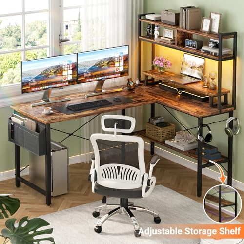 Aheaplus L Shaped Gaming Desk with Power Outlets & LED Lights, Rustic Brown - Image 5