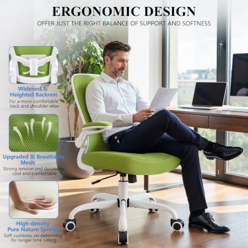FelixKing Office Chair, Ergonomic Desk Chair Breathable Mesh Chairs Adjustable High Back Lumbar Support Flip-up Armrests, Executive Rolling Swivel Comfy Computer Chairs Home Office Green - Image 5