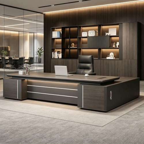 Modern L Shaped Executive Desk with Drawers & Storage, Executive Office Desk Computer Table with Aluminum Alloy Inlaid Curved Surface, Management Workstation for Home or Office(A-Left, L2.6M/102IN) by Unknown