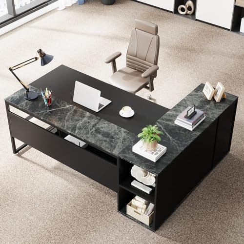 Tribesigns 71 inch Executive Desk, L Shaped Desk with Cabinet Storage, Executive Office Desk with Shelves, Business Furniture Set Workstation for Home Office, Black - Image 3