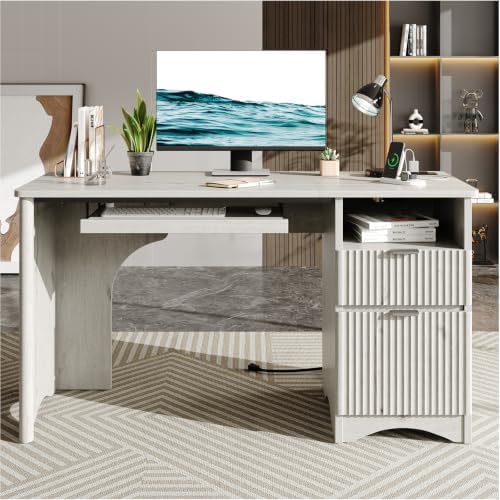 Bestier 55 Inch Computer Desk with Keyboard Tray, File Drawer, White by Bestier