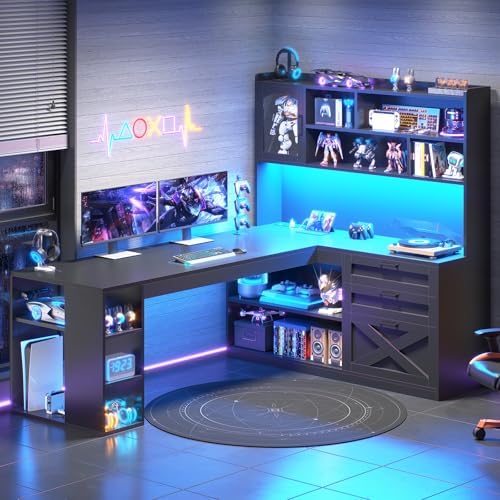 SEDETA 61" Farmhouse L Shaped Gaming Desk with Drawers, Bookshelf Storage by SEDETA