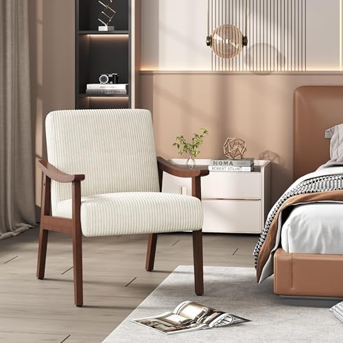Yaheetech Accent Chairs, Mid-Century Corduroy Fabric Armchairs, Beige - Image 4