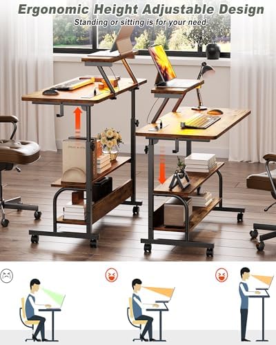 Height Adjustable Standing Desk with Power Outlets and LED Lights - 32" Manual Stand Up Desk with Monitor Stand and Storage Shelves Small Mobile Rolling Computer Desk Portable Laptop Table, Rustic - Image 4