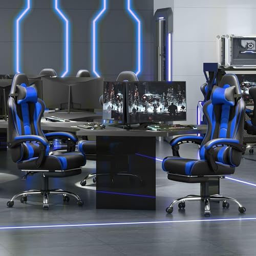 Yaheetech Gaming Chair with Footrest Massage Lumbar Pillow Black and Blue - Image 6