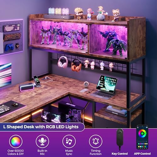 L Shaped Gaming Desk with Drawers, Corner Computer Desk with LED Tempered Glass Display Cabinet, Shaped L Office Desk with Charging Station and Fabric Drawer, PC Desk for Gaming and Office, Brown - Image 5