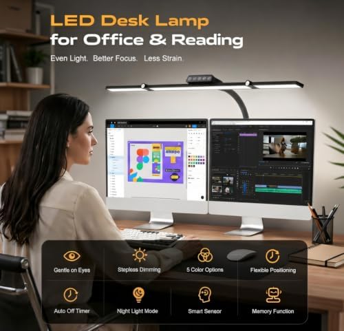 24W LED Clamp Desk Lamp, 3 Light Bars Architect Desk Light with Motion Sensor & Remote, Eye Caring Stepless Dimming Table Lamp for Home Office Study, Black - Image 3