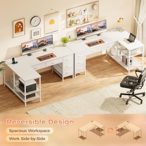PRAISUN 55 Inch L Shaped Desk with Power Outlets, 5 Fabric Drawers - Image 6