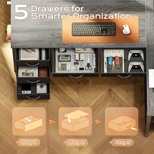 PRAISUN 47 Inch L Shaped Desk with Power Outlets, 5 Fabric Drawers - Image 5