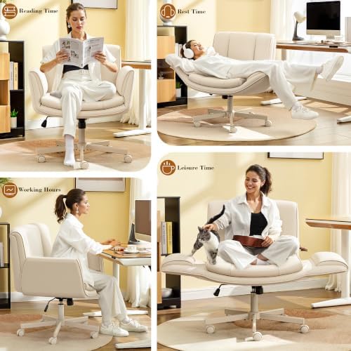 HeroSet Criss Cross Chair with Wheels & Armrests,Comfy Wide Vanity Chair,Scratch-Resistant Pu Leather Cross Legged Desk Chair,Height Adjustable Computer Office Desk Chairs for Home,Makeup,Bedroom - Image 3