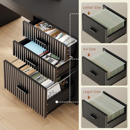 SEDETA Fluted L Shaped Electric Standing Desk, 63" x 67" Height Adjustable Home Office Executive Desk with Drawers and Shelves, Two Person Desk with Power Outlet for Home Office, Black - Image 5