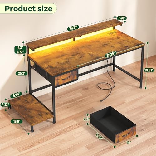 DurayLoly 39.3" Office Desk with Power Outlet & Fabric Drawer,Rustic Brown - Image 3