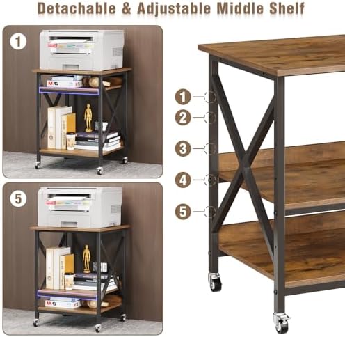 VENNQD 23.6 x 23.6 x 30.3 Inches Printer Stand, Large Printer Table with Adjustable Middle Shelf, Rolling Printer Cart with Wheels, 3 Tier Printer Table for Home Office Scanner Fax, Rustic Brown - Image 4