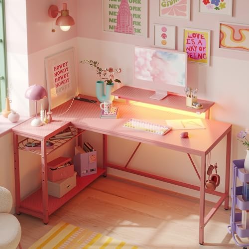 Bestier 52-Inch L-Shaped Gaming Desk with Charging & LED, Pink - Image 2