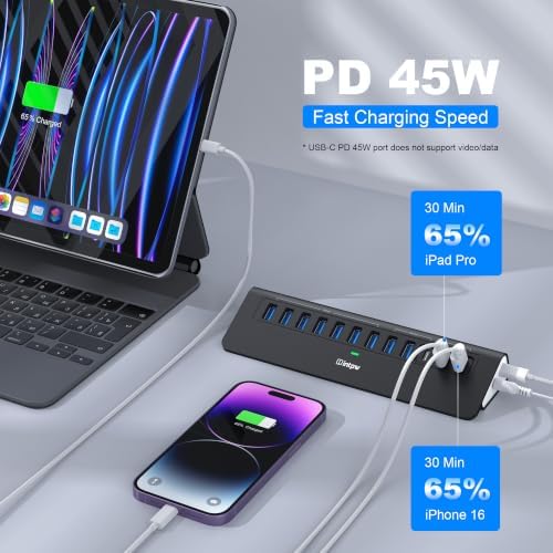 Powered USB Hub 10Gbps, intpw YH9AC 12-Port USB C Hub with 10Gbps USB C 3.2, 2 USB A 3.2, 7 USB 3.0, 2 PD 45W Charging Port, 65W Power Adapter + 3.3FT Cable, Aluminum USB Hub for Laptop/iPhone16/15/PC - Image 4
