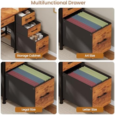 SEDETA Computer Desk with 5 Drawers and Bookshelf, Reversible Home Office Desk with Storage Shelves and File Drawer, Gaming Corner Desk with LED Lights for Small Spaces, Rustic Brown - Image 5