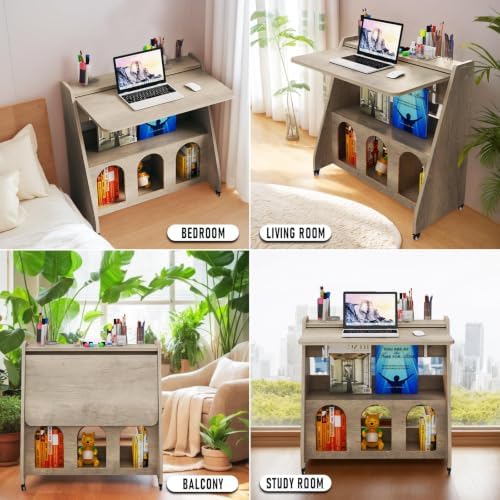 Portable Mobile Desk on Wheels, Mobile Workstation, Rolling Laptop Cart, Rolling Movable Computer Desk with Storage and Wheels for Home Office Small Space (Grey) - Image 6