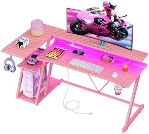 Korfile 55 Inch Pink Gaming Desk with Power Outlet & LED Lights, Corner Computer Desk with 3 Tiers Storage Shelves, L Shaped Gaming Desk with Monitor Stand for Bedroom by Korfile