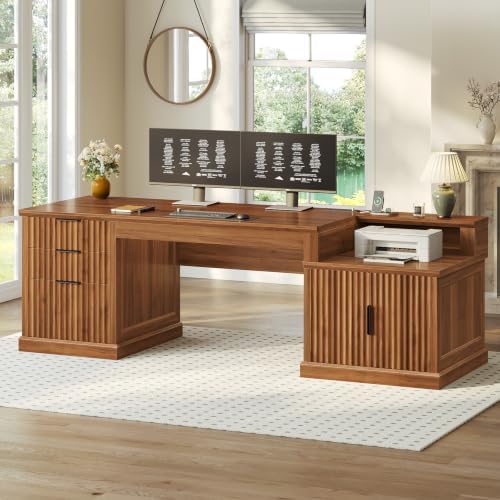 SEDETA 70.9" Executive Desk, Fluted Office Desk with Drawers, Brown by SEDETA