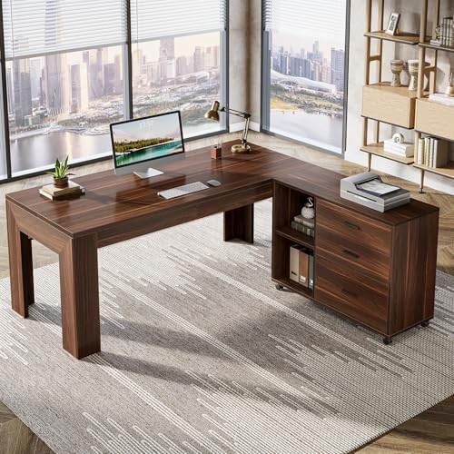 Tribesigns 63" L Shaped Desk with File Cabinet, Large Executive Office Desk with Rolling Filing Cabinet, Long Computer Table with Drawers and Shelves, Business Furniture Set for Home Office, Walnut - Image 3