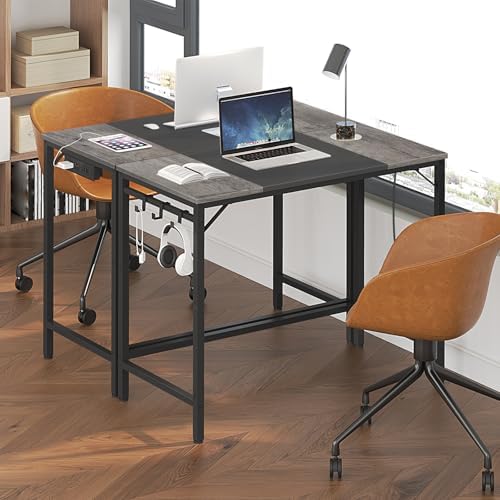 HOOBRO Computer Desk, 31.5 Inch Small Desk with Power Outlet, Writing Table with USB Charging Ports and 3 Hooks for Home Office, Bedroom, Easy to Assemble, Charcoal Gray and Black BC40UDN01 - Image 2