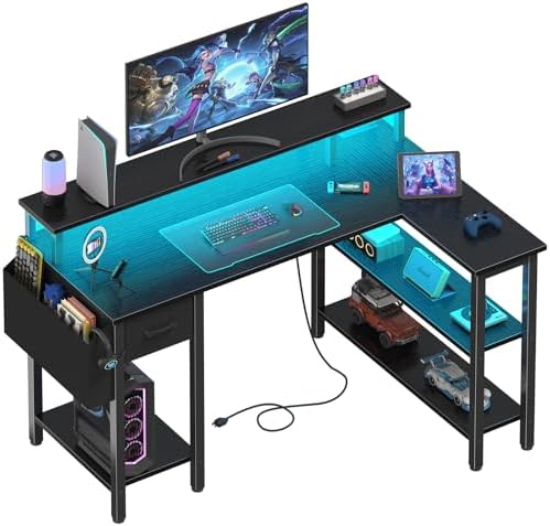 Lufeiya L Shaped Gaming Desk with Storage Shelves, 47 inch Home Office Desk with Monitor Stand, Computer Desk with LED Lights,Power Outlets and Fabric Drawers, Black by LUFEIYA