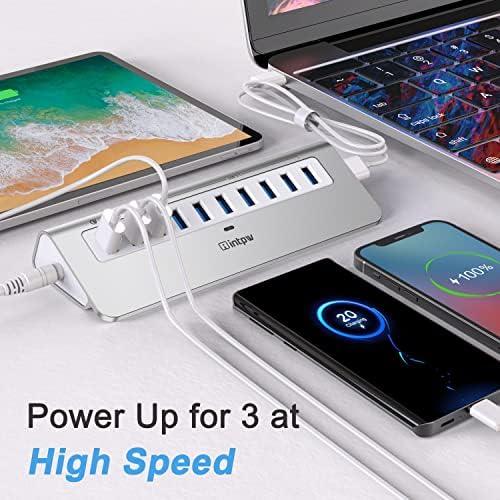 Powered USB Hub 10Gbps, 10 Port USB 3.2 Gen 2 Hub with 7 USB 3.2 Data Ports, 3 Fast Charging Ports, 36W Power Adapter, Type A and Type C Cable, Aluminum USB Hub for Laptop, Mac, PC - Image 6