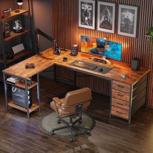 Huuger 55 Inch L Shaped Desk with Fabric Drawers, Reversible Computer Gaming Desk with Power Outlets and USB-C Port, Adjustable Side Storage Shelves, for Work Corner Home Office, Rustic Brown - Image 4