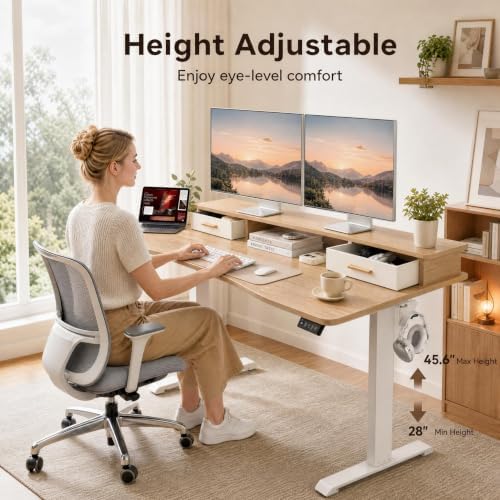 Grandder Electric Standing Desk with Two Drawers, CurvedSit to Stand Up Height Adjustable Desk with Storage Shelf for Home Office, 63 * 32 Inch, Study, Ergonomic Adjustable Computer Desk, Oak - Image 3