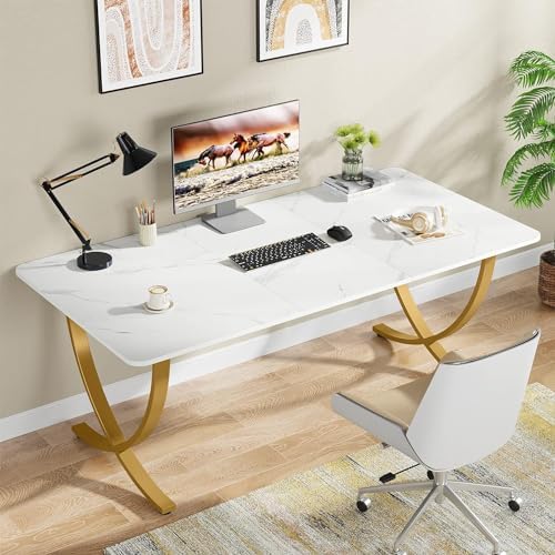 Tribesigns Executive Desk, 63” W x 31.5” D Large Office Desk, Modern Computer Desk Conference Table Meeting Room Table, Business Furniture for Home Office, White and Gold - Image 3