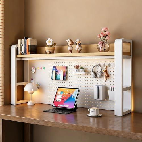 Desk Shelf - Includes a Pegboard and a Free 31-Piece Storage Accessory Set, Desk Hutch, Adjustable Hutch for Home Office Dorm (2-Tier White Frame + Natural Wood Board 37.4×9.8×26") by Unknown