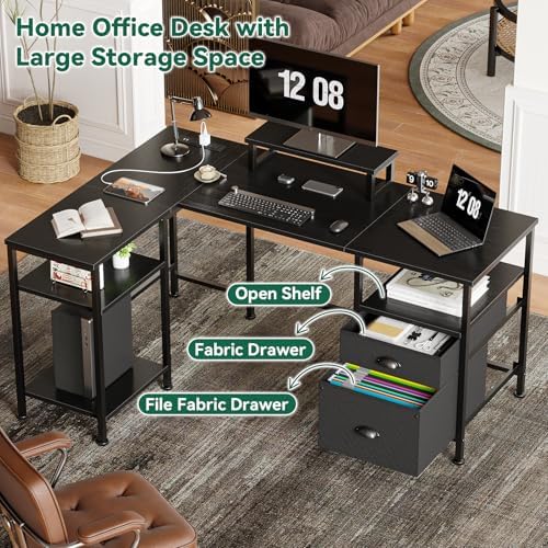 Furologee 50 Inch L Shaped Gaming Desk with Power Outlet and Drawers, Black - Image 4