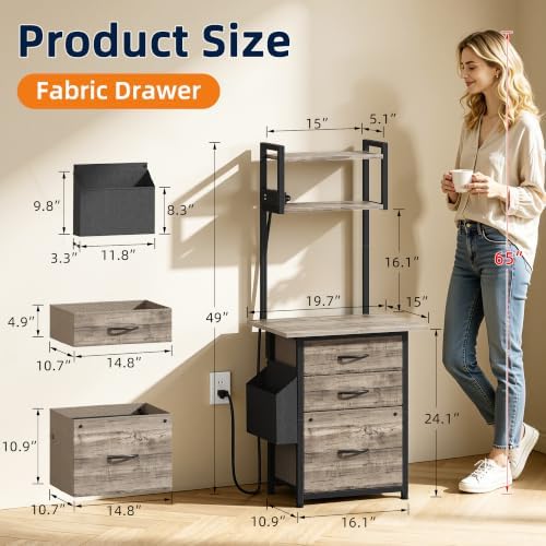 HIGDBFE 3 Drawer File Cabinet with Charging Station, 49''H Tall, 3-Tier Small Filing Cabinet for Home Office, 20''*15'' for Small Printer, Fabric Drawer, Printer Stand, Grey - Image 3