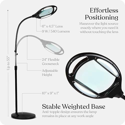Brightech LightView Pro Magnifying Floor Lamp - Hands Free Magnifier with Bright LED Light for Reading - Work Light with Flexible Gooseneck - Standing Mag Lamp - Image 5