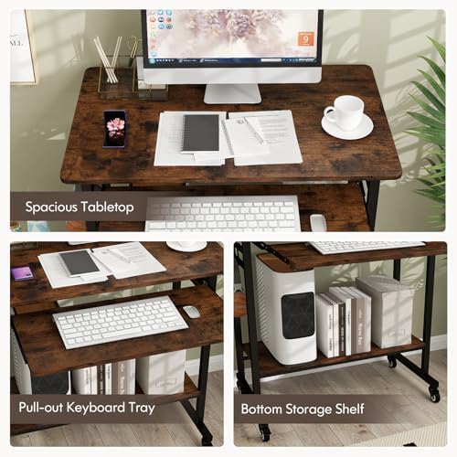 Tangkula Rolling Computer Desk Cart with Keyboard Tray, Mobile Portable Laptop PC Desk with CPU Stand & 3 Hooks for Sofa & Bed, Industrial Small Desk on Wheels for Small Spaces, Home Office Desk - Image 6