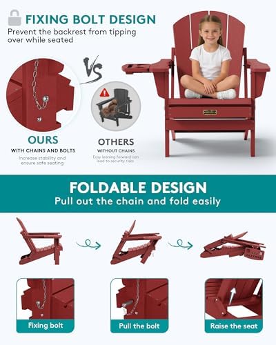 SERWALL Folding Adirondack Chair with Cup Holder, Outdoor Patio Chair, Red, Set of 2 - Image 4