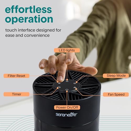 SereneLife Portable Air Purifier - Small Air Purifier with Aroma Box & Ambient Light, High Filtration Efficiency, 2-Speed, Timer & Sleep Mode, Filter Change Reminder, 6 x 6 x 12 in. (Black) - Image 3