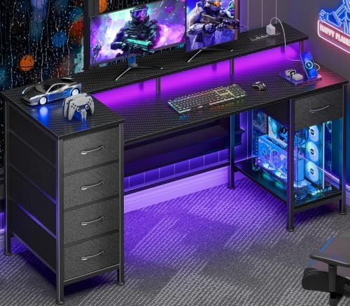 Korfile 55 Inch Gaming Desk with Power Outlets and LED Lights, Reversible Computer Desk with 5 Fabric Storage Drawers, Home Office Desk with Monitor Stand for Working Writing Study, Carbon Fiber Black by Korfile