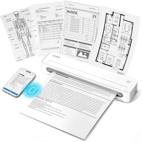 D90E Portable Printer Wireless for Travel, Bluetooth & USB Inkless Printer Supports 8.5 x 11 Inch Thermal Paper, Compatible with Phone Laptop for Home Use Car Office School, Snowy by ETIKEZ