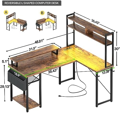 Aheaplus Small L Shaped Desk Gaming Desk with LED Lights & Power Outlets - Image 2