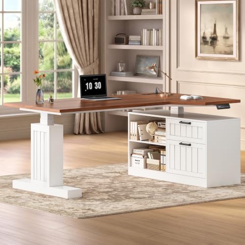 UPOSOJA 59" Farmhouse L Shaped Standing Desk with File Drawers, Electric Executive Desk Adjustable Height with Power Outlets, Storage Shelves, Sit Stand Corner Computer Desk for Home Office, White by UPOSOJAWishesYouaNiceDay