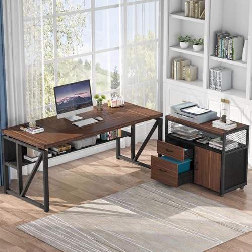Tribesigns 63" Executive Deskwith Drawer Cabinet, L Shaped Desk and lateral File Cabinet, 2 Piece Home Office Furniture Set with Drawers for Hanging, Doors with Locks - Image 3