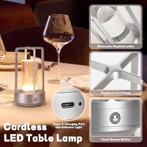 6 Pack Portable Metal Table Lamp LED Rechargeable Cordless Table Light Battery Operated Desk Touch Lamp 3 Color Stepless Dimming Light for Home Outdoor Camp Patio Bar Restaurant (Silver) - Image 3